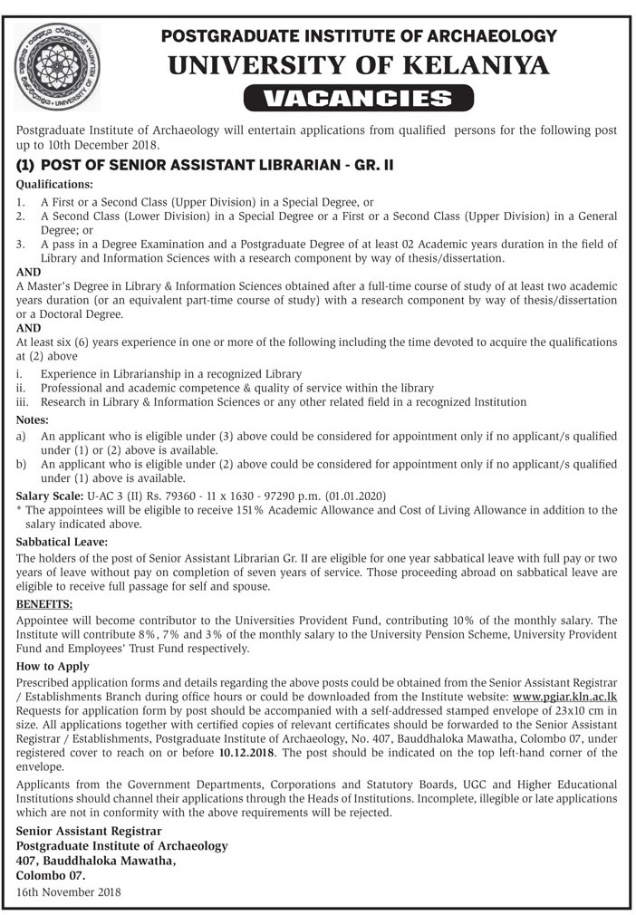 Senior Assistant Librarian - University of Kelaniya